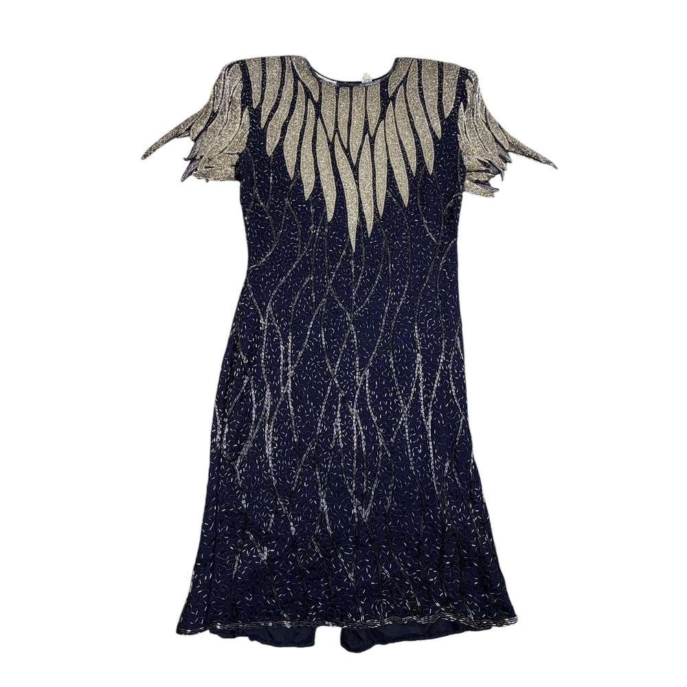 Scala VTG Women Dress Beaded Silk Navy Gold Wing Sleeve Evening Midi Medium